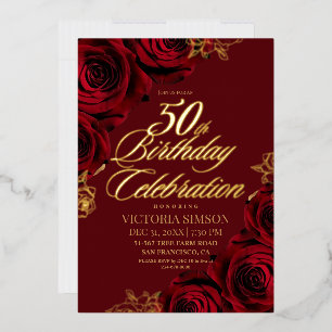  50th Birthday Party Burgundy & Gold Floral Foil Invitation