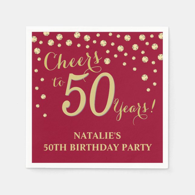 50th Birthday Party Burgundy Red and Gold Diamond Napkins (Front)