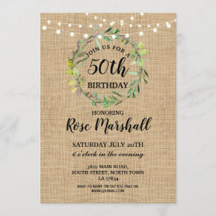 50th Birthday Party Burlap Greenery Wreath Invite