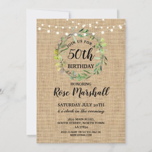 50th Birthday Party Burlap Greenery Wreath Invite