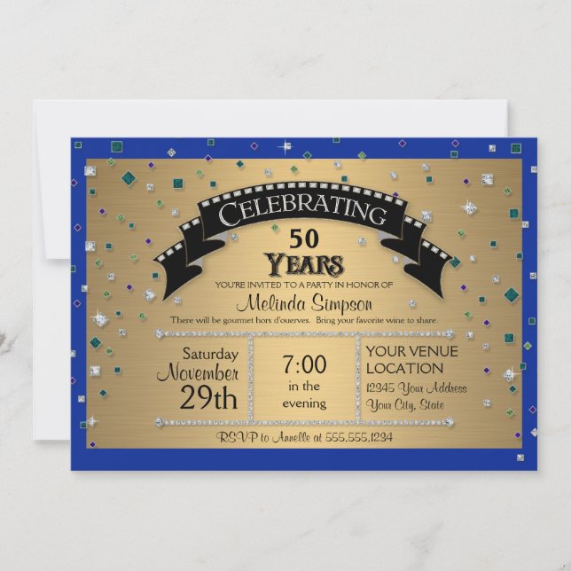 50th Birthday Party Celebrate Faux Jewel Confetti Invitation (Front)