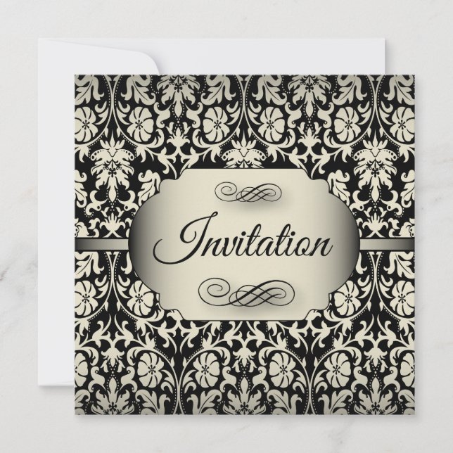 50th Birthday Party | Champagne & Black Damask Invitation (Front)
