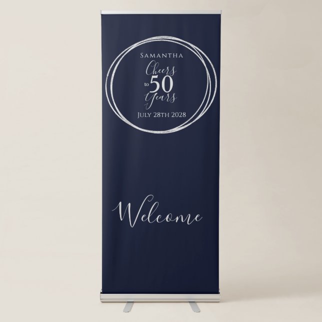 50th Birthday Party Cheers 50 Years Navy Retractable Banner (Front)