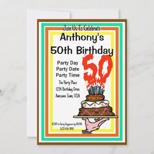 50th Birthday Party Chocolate Cake Retro Colors Invitation