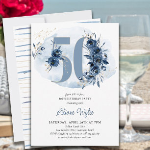 50th Birthday Party Coastal Blue Floral Number 50 Invitation