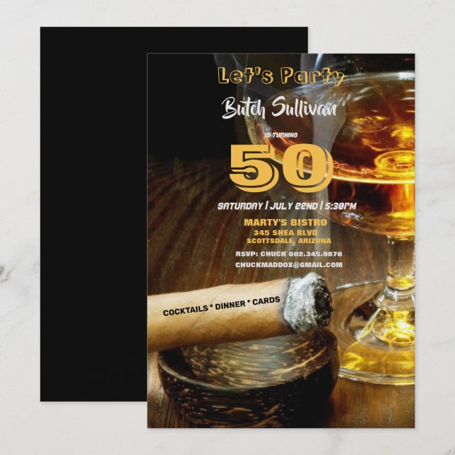 50th Birthday Party, Cocktails & Cigars Invitation (Front/Back)