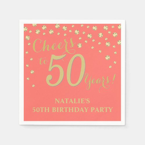 50th Birthday Party Coral and Gold Diamond Napkins