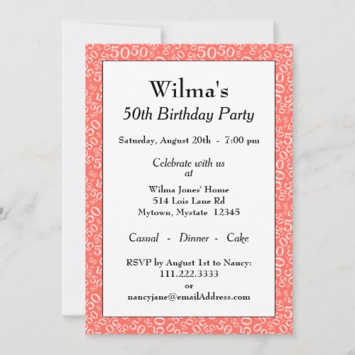 50th Birthday Party CoralWhite Number Pattern Invitation