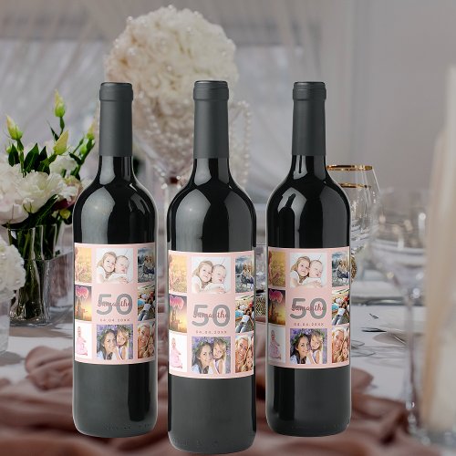 50th birthday party custom photo collage rose gold wine label