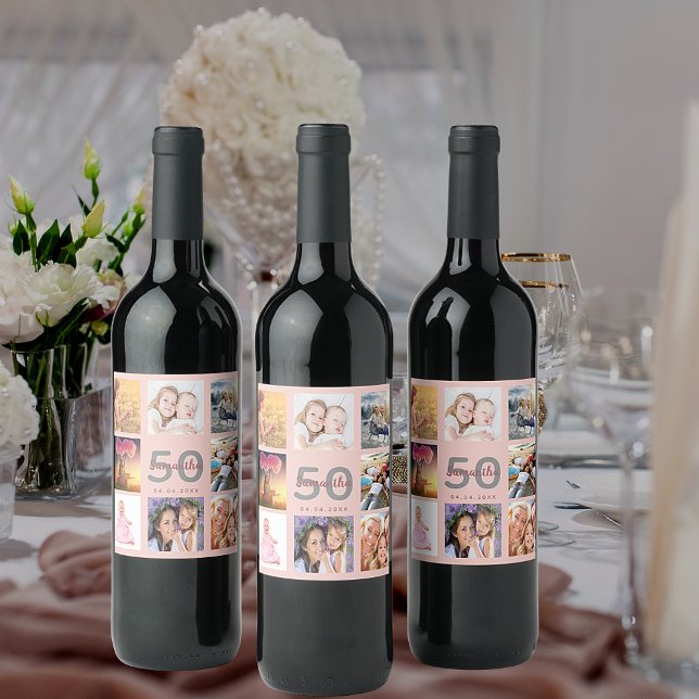 50th birthday party custom photo collage rose gold wine label (Creator Uploaded)