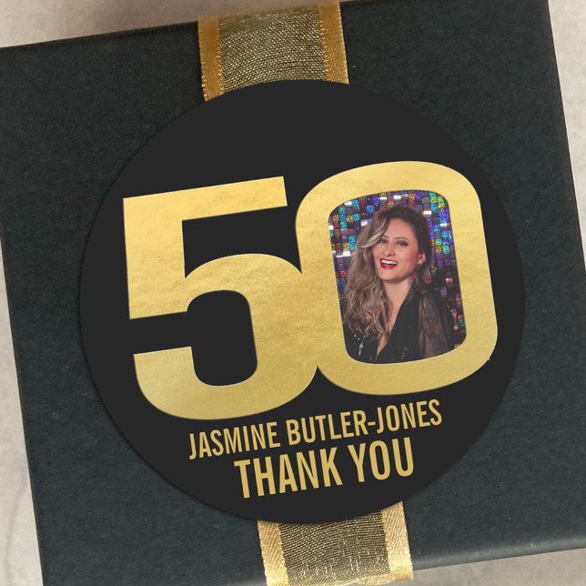 50th birthday party custom photo gold favor classic round sticker (Creator Uploaded)