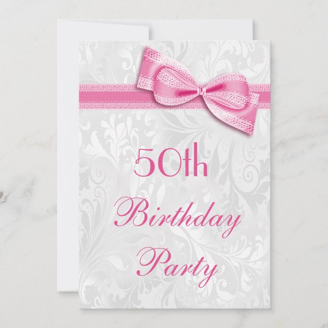 50th Birthday Party Damask and Pink Faux Bow Invitation (Front)