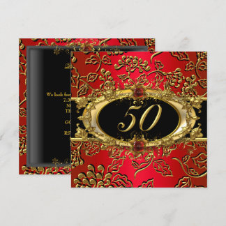 50th Birthday Party Damask Red Gold Black Invitation