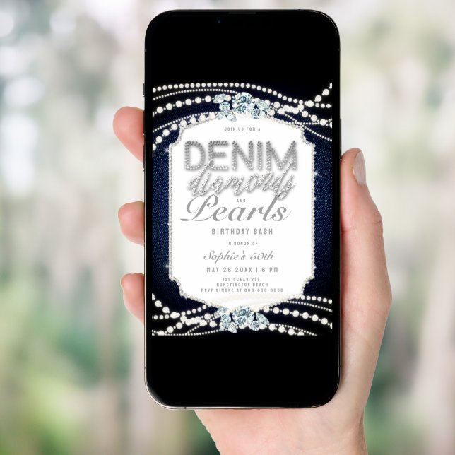 50th Birthday Party Denim Diamonds Pearls Frame Invitation (Front Digital)