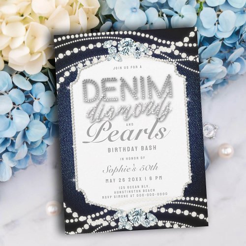 50th Birthday Party Denim Diamonds Pearls Frame Invitation