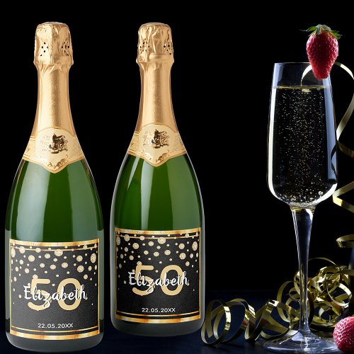50th birthday party diamonds glitter black gold sparkling wine label