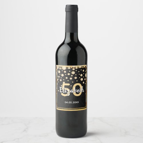 50th birthday party diamonds glitter black gold wine label