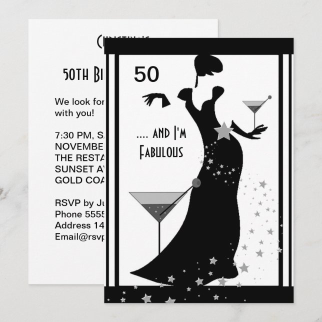 50th Birthday Party Diva Art deco Black White Invitation (Front/Back)