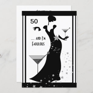 50th Birthday Party Diva Art deco Black White Invitation