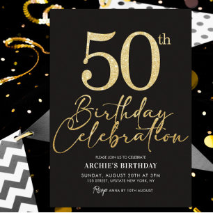 50th Birthday Party Elegant Black & Gold Glitter Invitation
