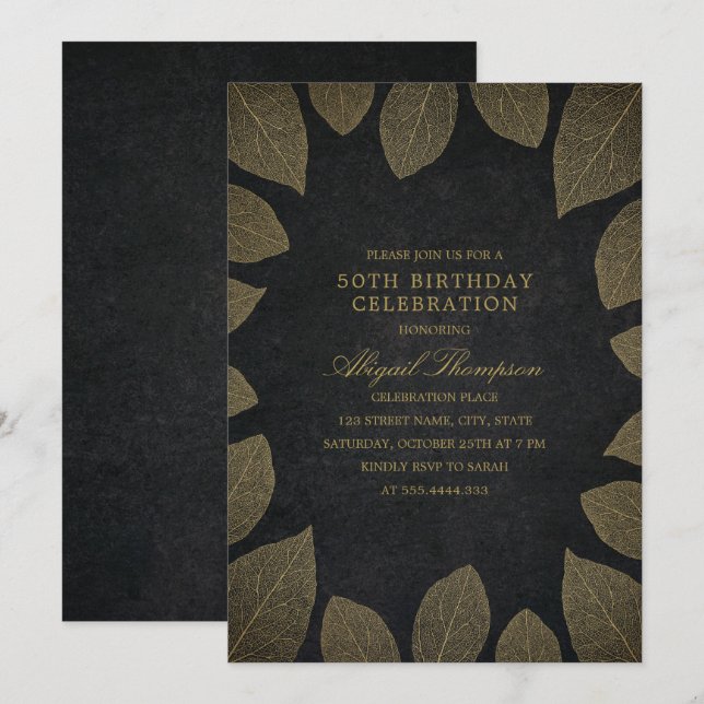 50th Birthday Party Elegant Black Gold Leaves Invitation (Front/Back)