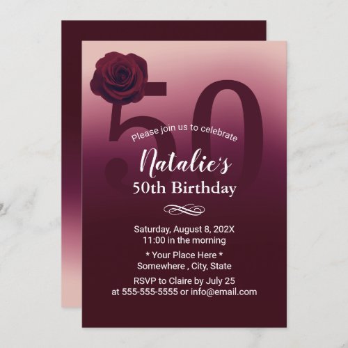 50th Birthday Party Elegant Burgundy Red Ombre Invitation