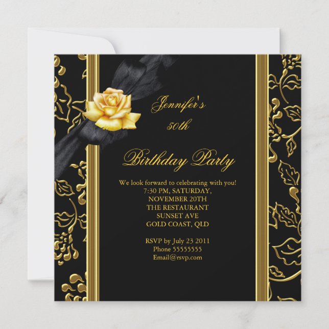 50th Birthday Party Elegant Damask Gold Black Invitation (Front)