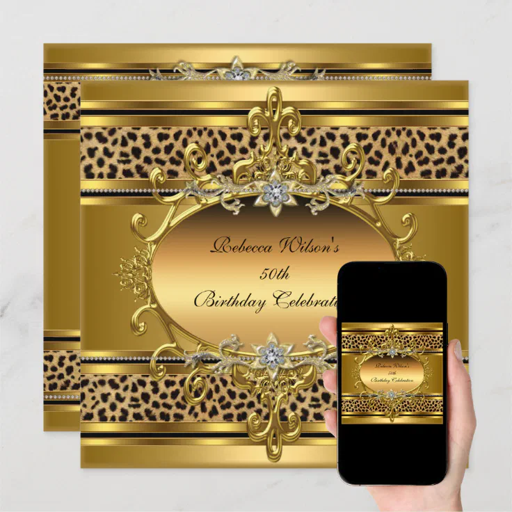 50th Birthday Party Elegant Gold Black Leopard 4 Invitation | Zazzle