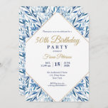 50th Birthday party Elegant invitation<br><div class="desc">Gold frame and blue leaves 50th birthday party invitation card. Find matching products in our shop or contact us.</div>