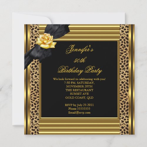 50th Birthday Party Elegant Leopard Gold Black Invitation