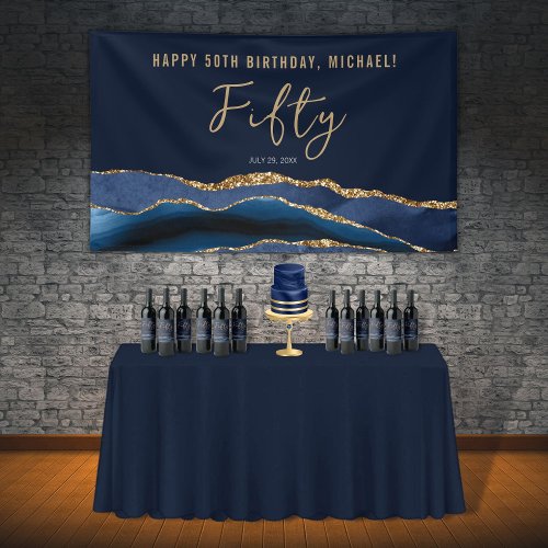 50th Birthday Party Elegant Navy Blue Gold Agate Banner