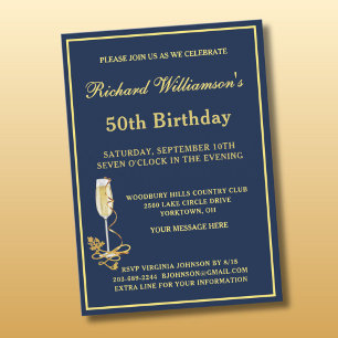 50th Birthday Party Elegant Navy Gold Invitation