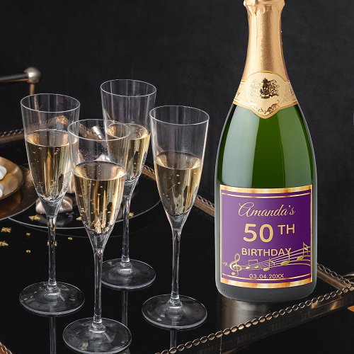 50th birthday party elegant purple and gold music sparkling wine label