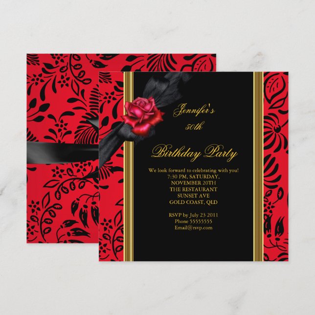 50th Birthday Party Elegant Red Damask Gold Black Invitation (Front/Back)