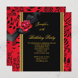 50th Birthday Party Elegant Red Damask Gold Black Invitation