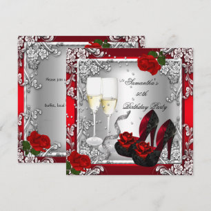 50th Birthday Party Elegant Red Rose Silver Invitation