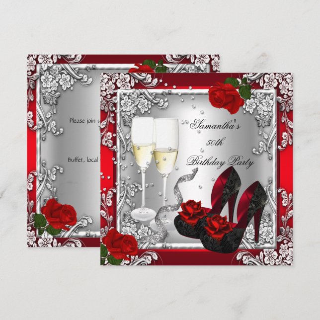 50th Birthday Party Elegant Red Rose Silver Invitation (Front/Back)