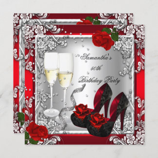 50th Birthday Party Elegant Red Rose Silver Invitation