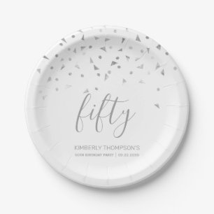 50th Birthday Party Elegant White Silver Confetti Paper Plates