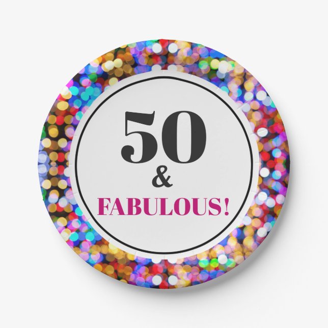 50th Birthday Party Fabulous Festive Bokeh Lights Paper Plates (Front)