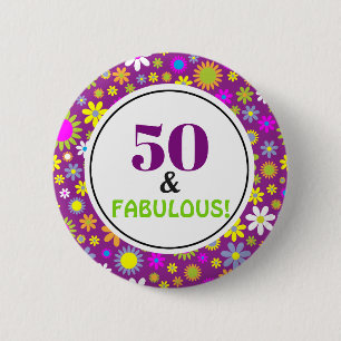 50th Birthday Party Fabulous Purple Vintage Floral Button