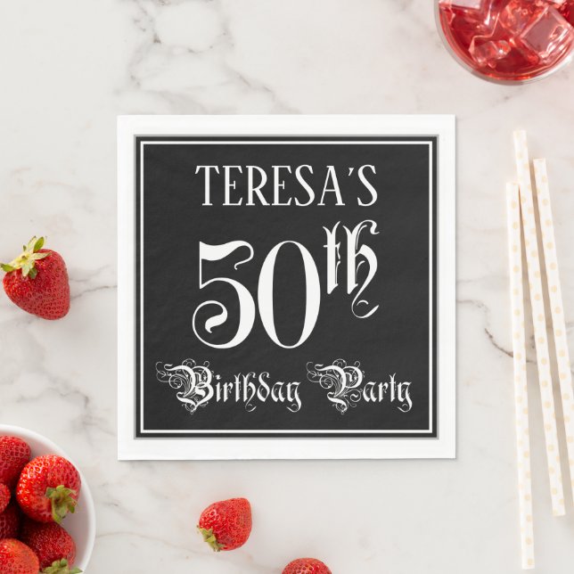 50th Birthday Party — Fancy Script + Custom Name Napkins (Insitu)
