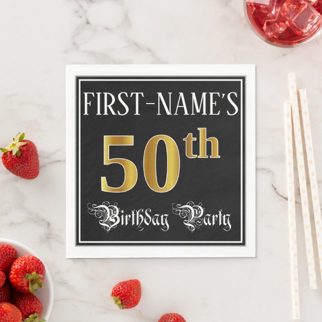 50th Birthday Party — Fancy Script, Faux Gold Look Napkins (Insitu)