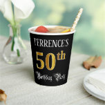[ Thumbnail: 50th Birthday Party — Fancy Script, Faux Gold Look Paper Cups ]