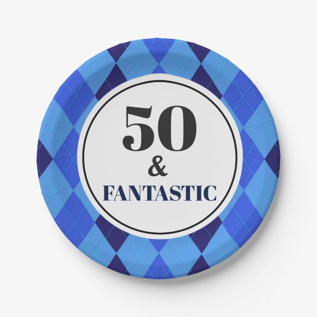 50th Birthday Party Fantastic Mens Blue Paper Plates (Front)