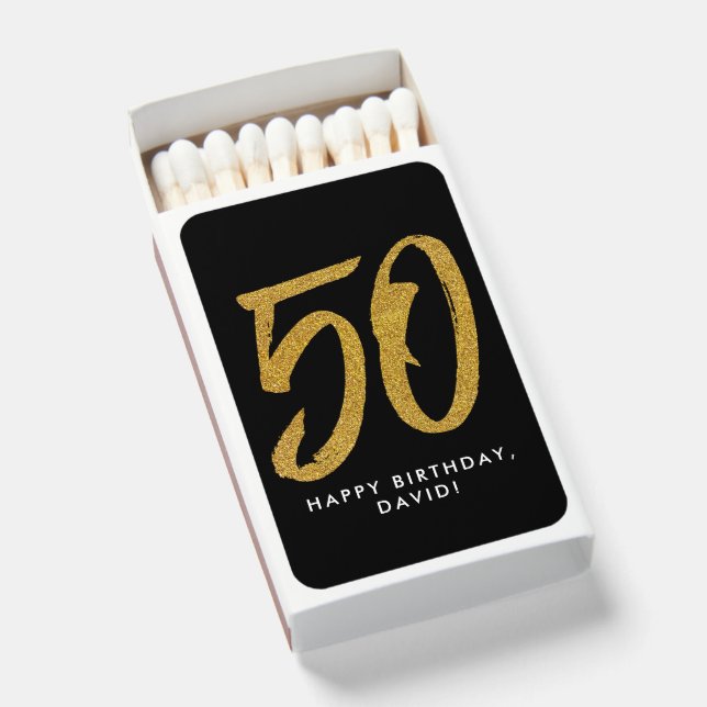 50th birthday party faux gold glitter favor matchboxes (Front Open)