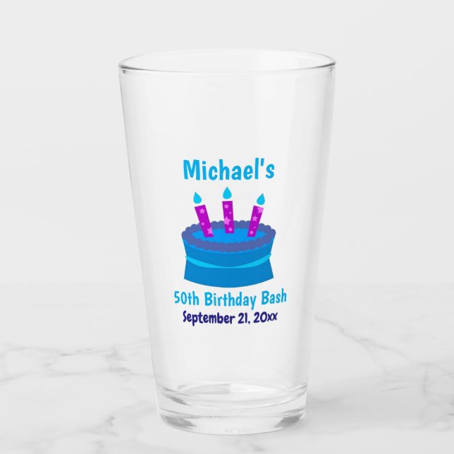 50th Birthday Party Favor Blue Cake Beer Pint Glass (Front)