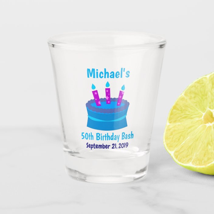 50th Birthday Party Favor Blue Cake Custom Shot Glass Zazzle Com