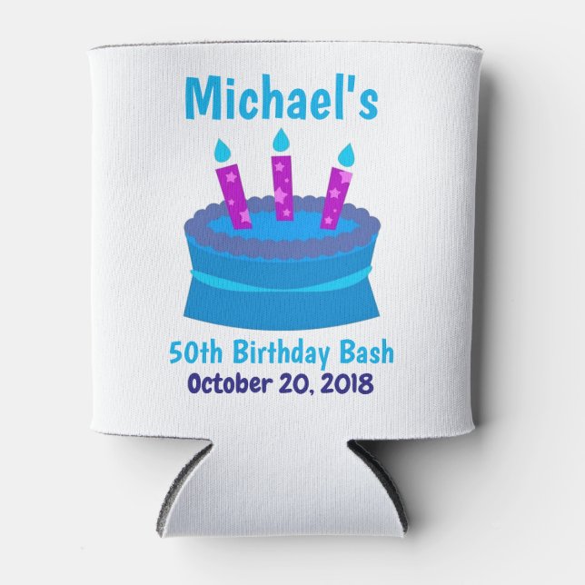 50th Birthday Party Favor Cool Blue Cake Can Cooler (Front)