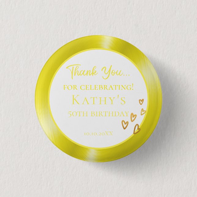 50th Birthday Party Favor Gold Hearts  Button (Front)